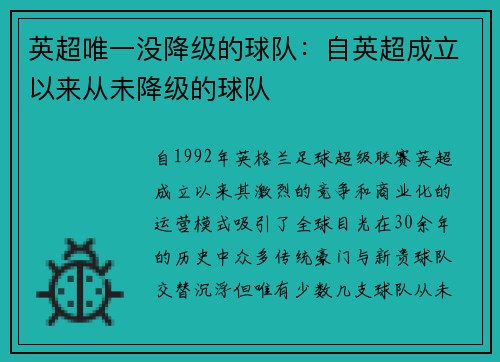 英超唯一没降级的球队：自英超成立以来从未降级的球队